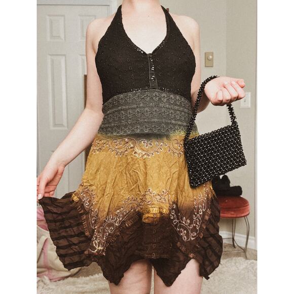 Fairy Fairycore Embroidered Handkerchief Smocked Bodice Halter Dress Mini Vneck - Picture 2 of 10